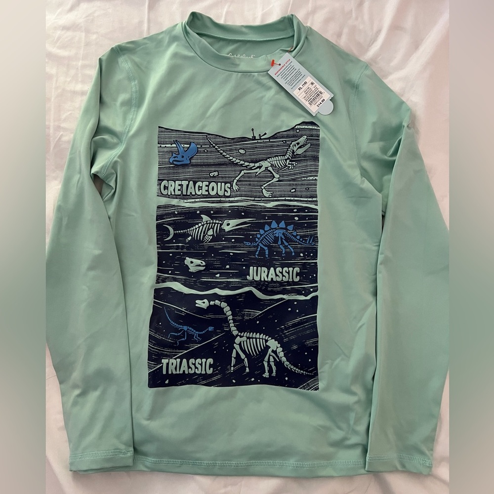 NWT Cat & Jack Boys Rash Guard Size XL 16 Swim Shirt w/ Dinosaur Print